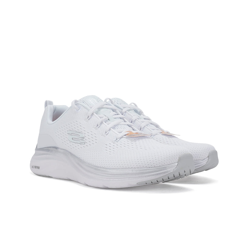 White textile women's low-top sneakers, angled front view with cushioned midsole