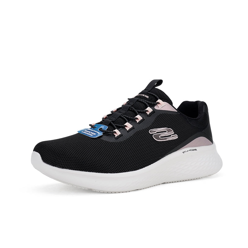 Black women's Skech Lite Pro sneaker with lace-up front, S logo, and white cushioned sole