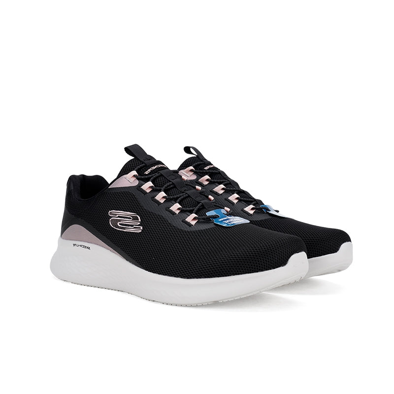 Black women's sneaker with taupe heel panel, lace-up front, and white cushioned sole