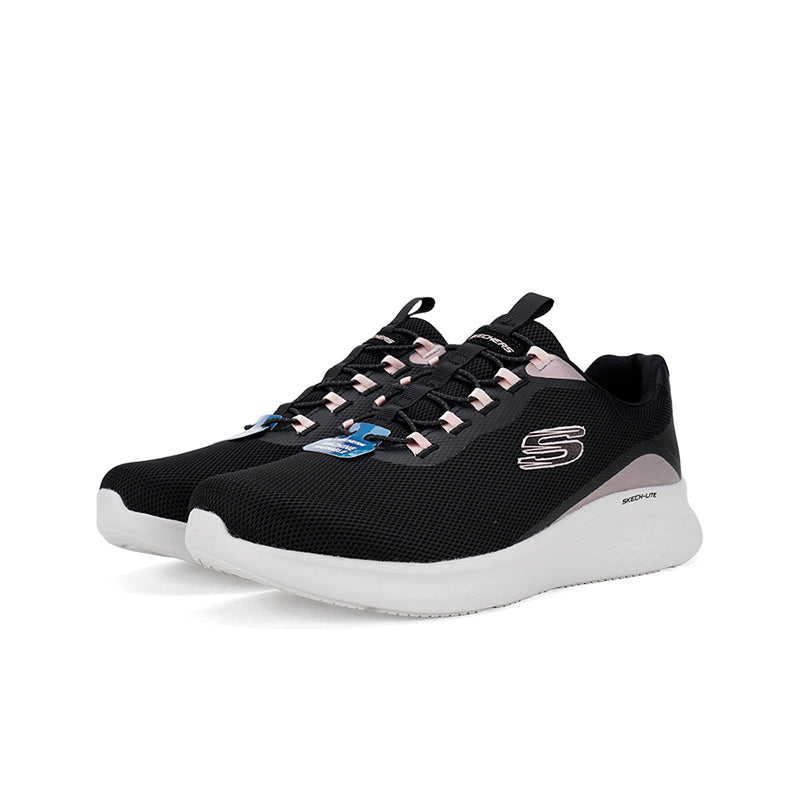 Black women's Skech Lite Pro sneaker with side S logo, lace-up eyelets, and white sole