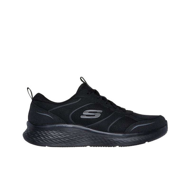 Black lace-up Skechers sneaker with large S logo and textured platform sole