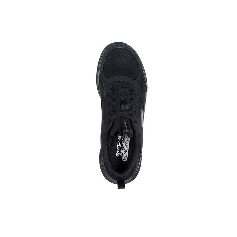 Black lace-up sneaker heel and upper view with tongue label