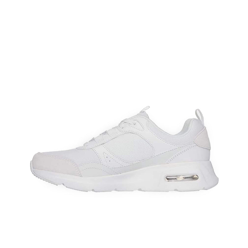 Women's white leather sneaker, side view with lace-up and metal air window