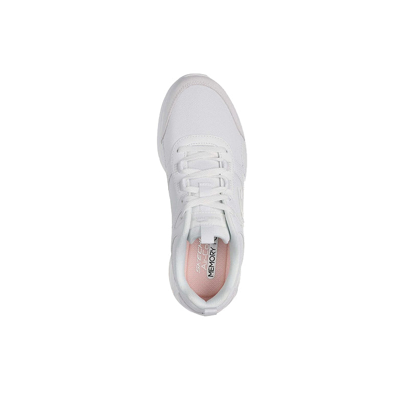 Women's white leather sneaker, toe and lace view with pink insole label
