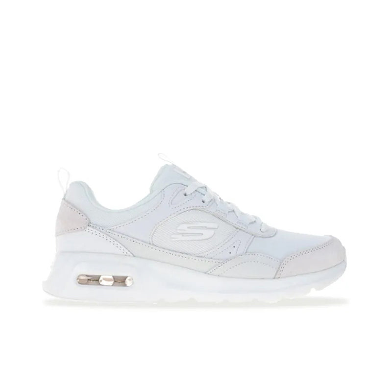 Women's white leather sneaker side view with S logo and clear air cushioning