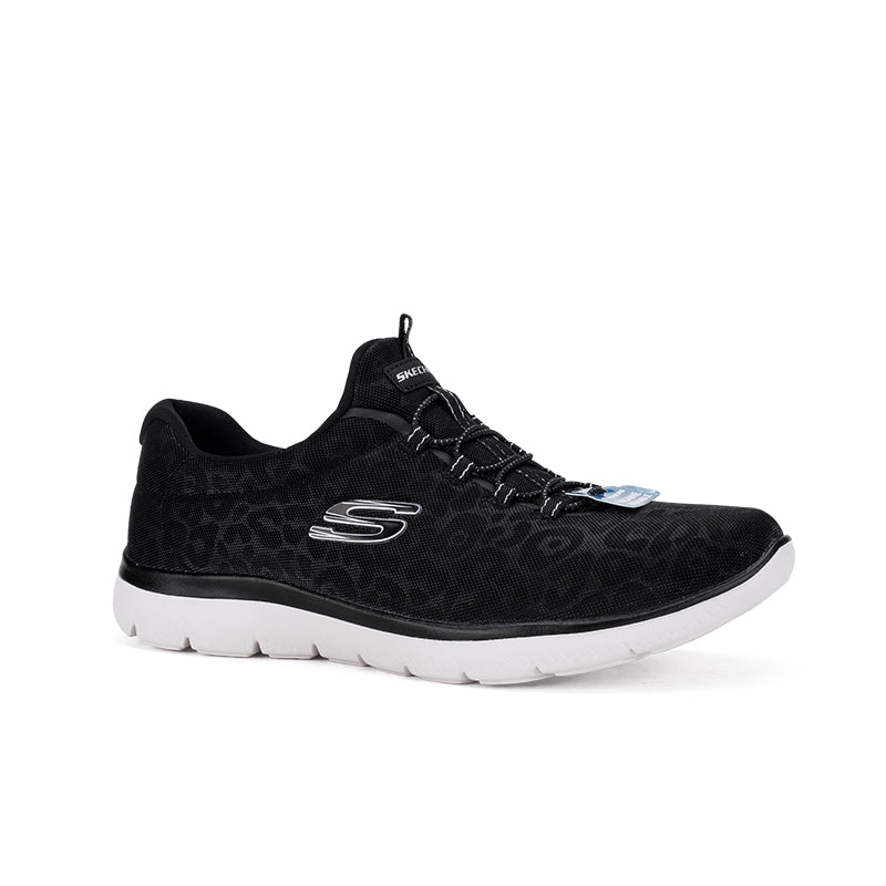 Black women's lace-up sneaker with subtle pattern, white sole, S logo