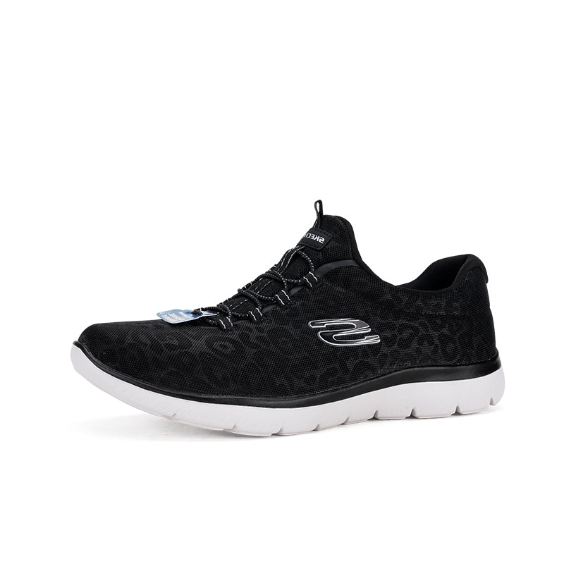 Black women's lace-up sneaker with textured upper and white sole, S logo