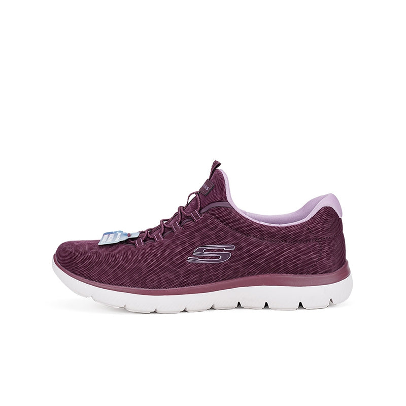 Purple women's lace-up sneaker, side view, white sole and S logo