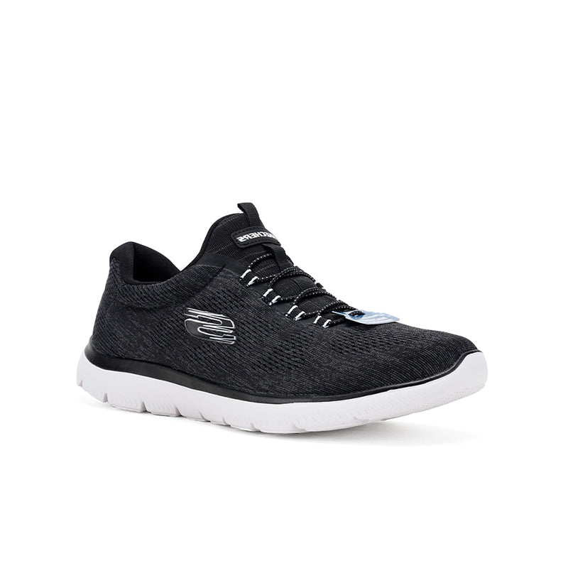 Black textile women's sneaker with lace-up front and white cushioned sole