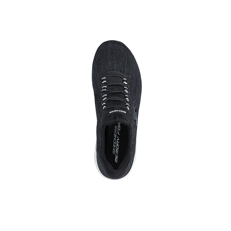 Black textile women's sneaker interior view showing laces and cushioned insole
