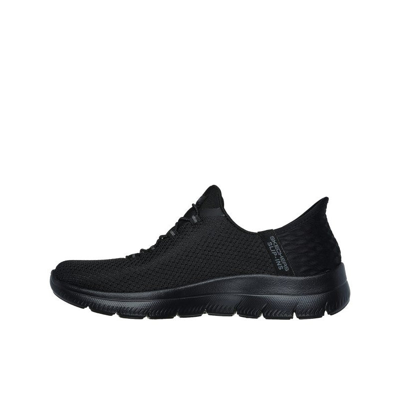 Lightweight black women's sneaker, side view, mesh upper and lace-up closure