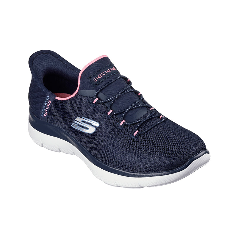 Lightweight navy women's walking sneaker with lace-up front and pink-lined collar