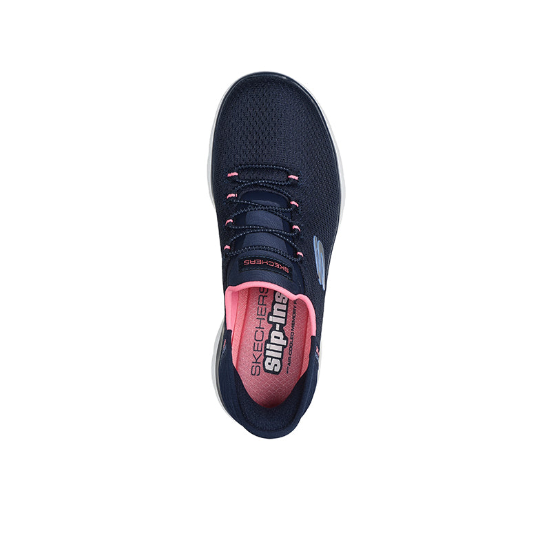 Lightweight navy women's sneaker heel view with pink interior lining and logo