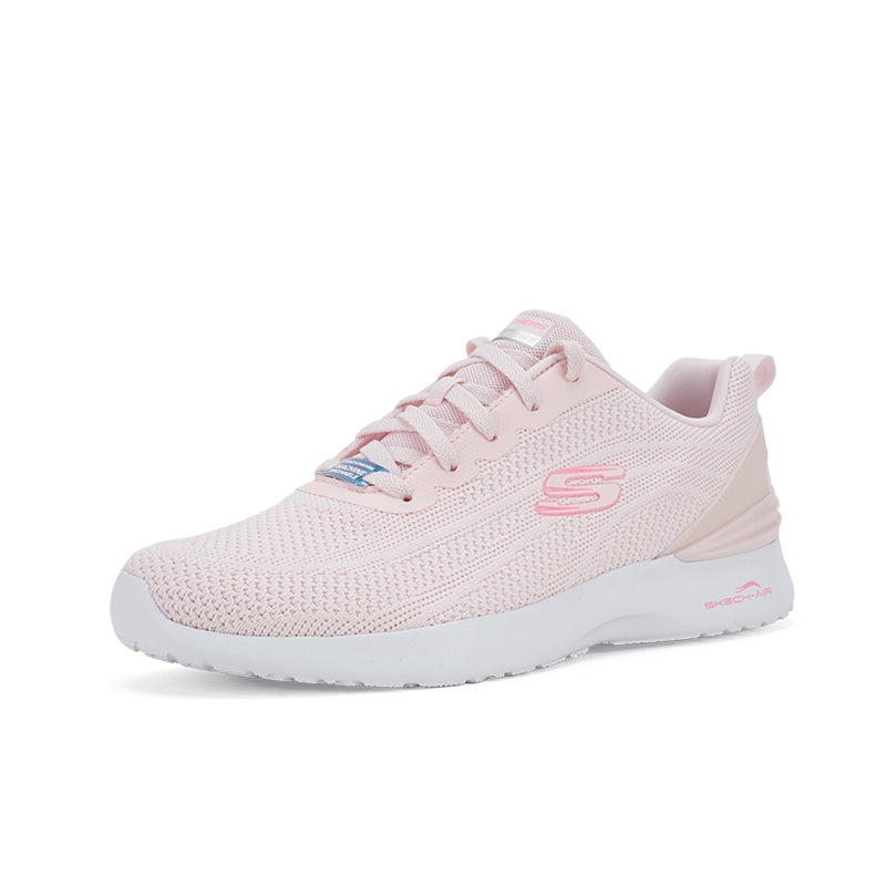 Light pink women’s sneaker, side view, lace-up knit upper and white cushioned sole