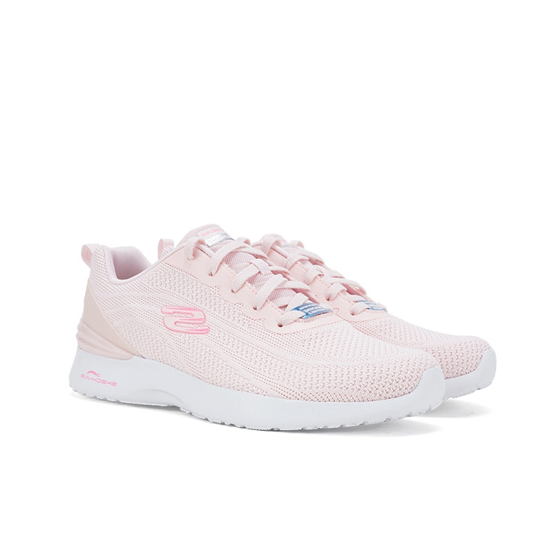 Light pink women’s lace-up knit sneaker with padded collar and white cushioned sole