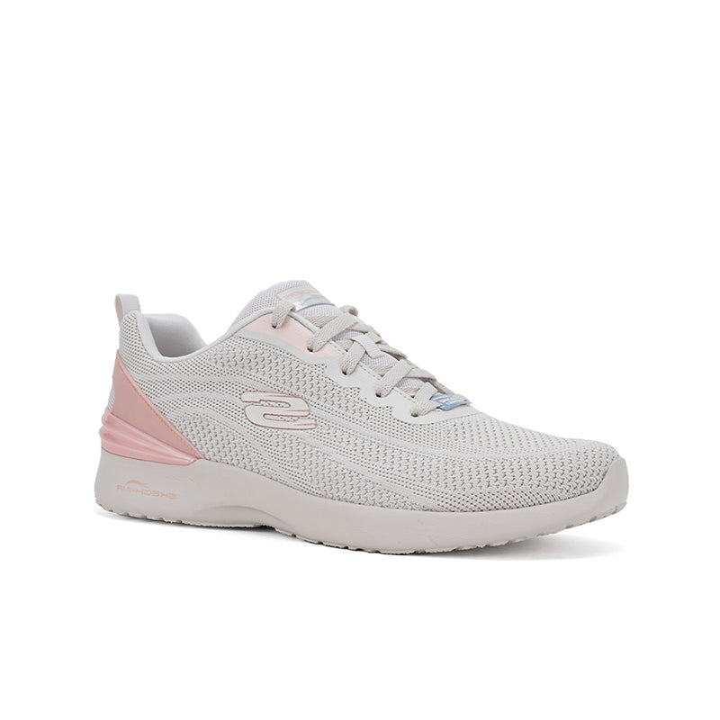 Light neutral women’s knit lace-up sneaker with gray upper and pink side panel
