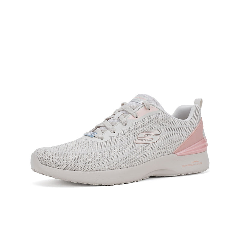 Light neutral women’s knit lace-up sneaker with pink heel accent and white sole