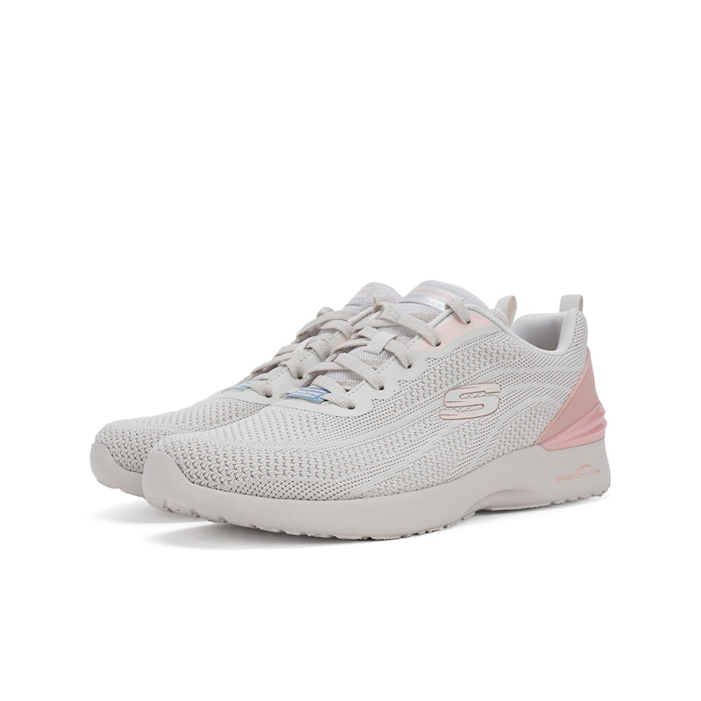 Light neutral women’s sneaker with lace-up knit upper, pink side stripe, and white sole