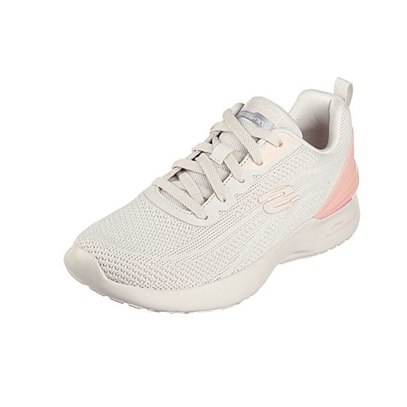 Light neutral women’s sneaker with lace-up knit upper and pink side heel accent