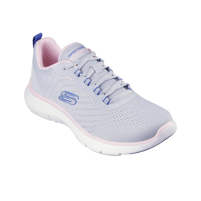 Light grey textile lace-up sneaker with blue accents and cushioned sole, front view