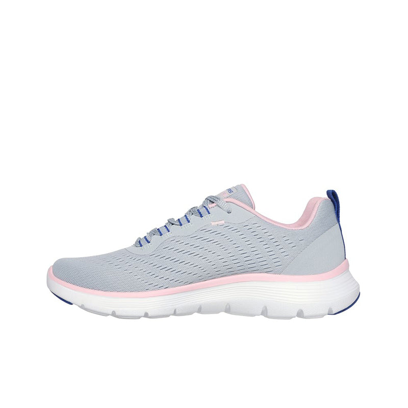 Light grey textile lace-up sneaker with pink trim and cushioned sole, side view