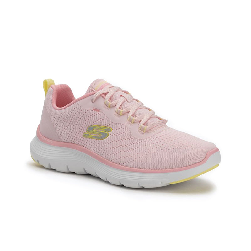 Pink textile lace-up sneaker with cushioned sole and S logo, front 3/4 view