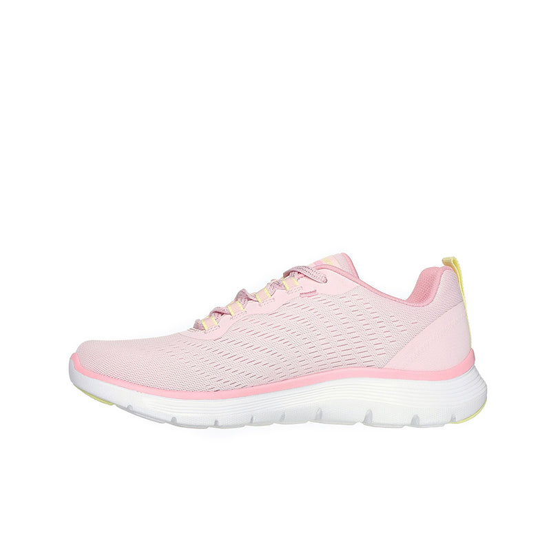 Pink textile lace-up sneaker with white sole and S branding, side view