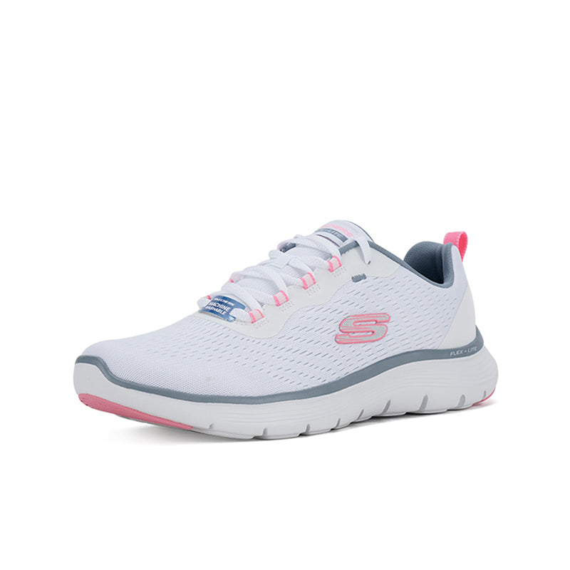 White lace-up sneaker with pink S logo and blue details, cushioned sole