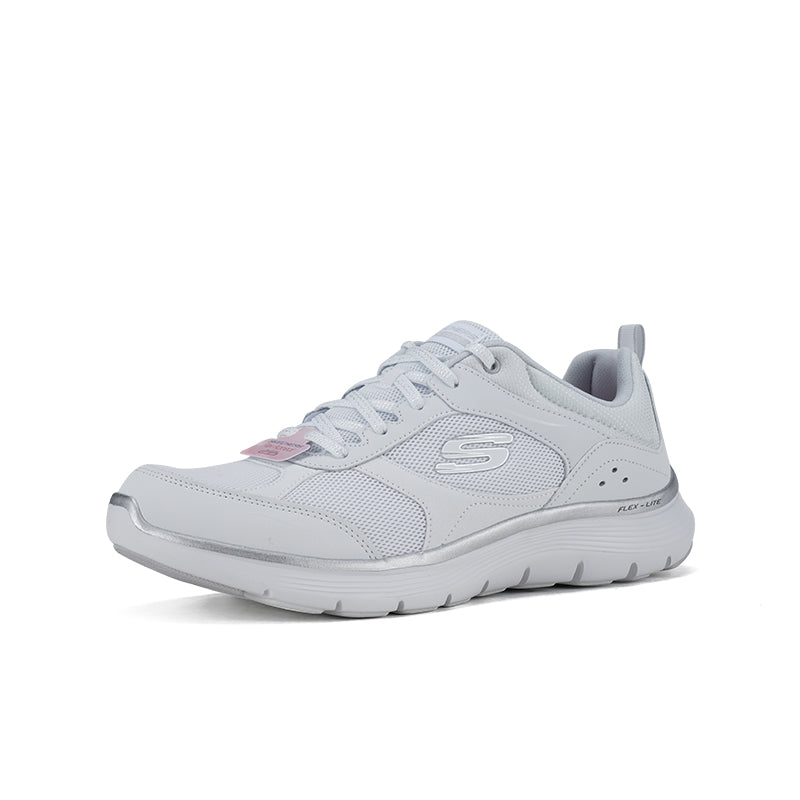 White and silver low-top sneakers, side view, lace-up with padded collar