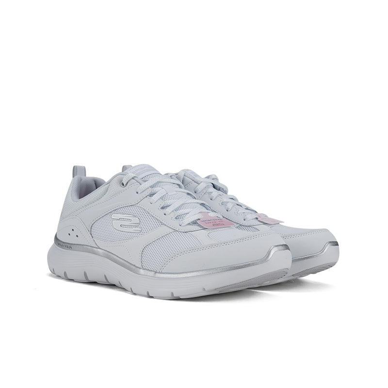 White and silver lace-up running-style sneakers with sculpted midsole