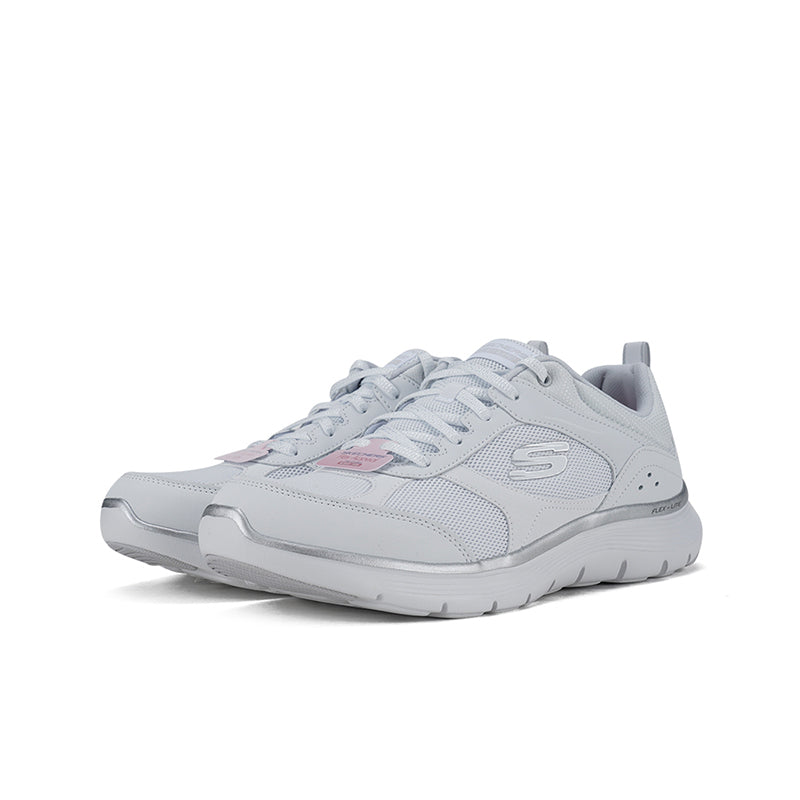 White and silver lace-up sneakers with wavy trim and padded heel