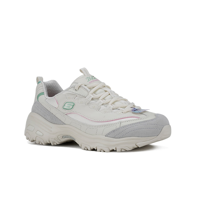 Cream women’s chunky lace-up sneaker with gray overlays and multicolor accent