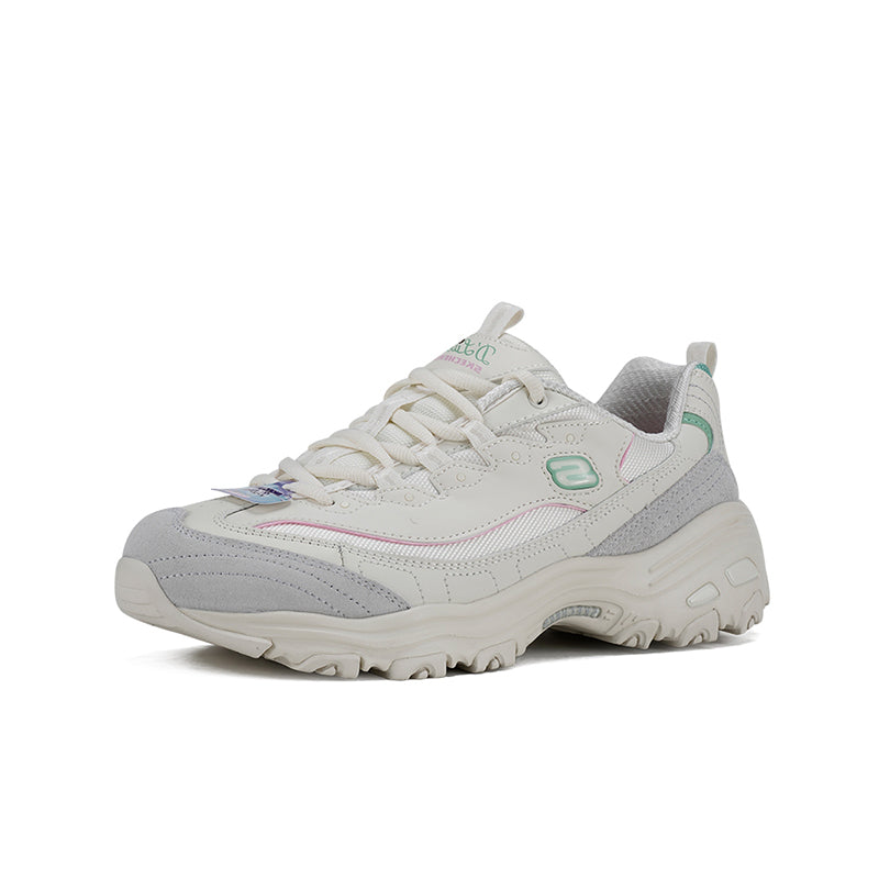 Cream women’s chunky lace-up sneaker with gray trim, cushioned collar, and tread sole