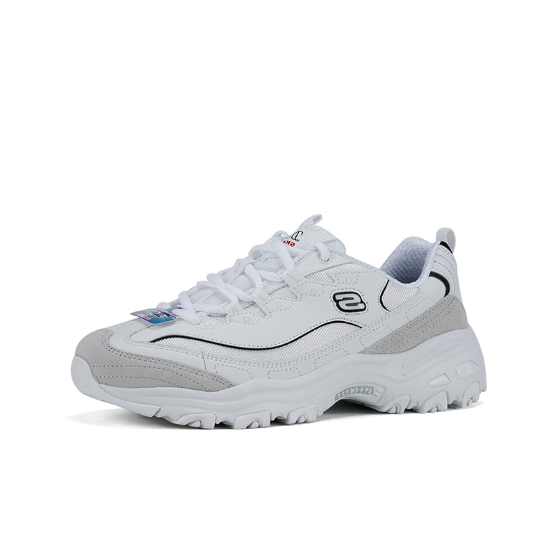 White and gray women’s chunky lace-up sneaker with S logo and rugged tread sole