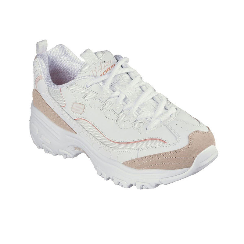 White and tan women’s chunky lace-up sneaker with pastel accents and thick rubber sole