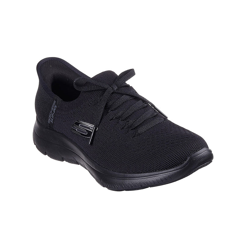 Black textile women's sneaker with lace-up closure and cushioned sole