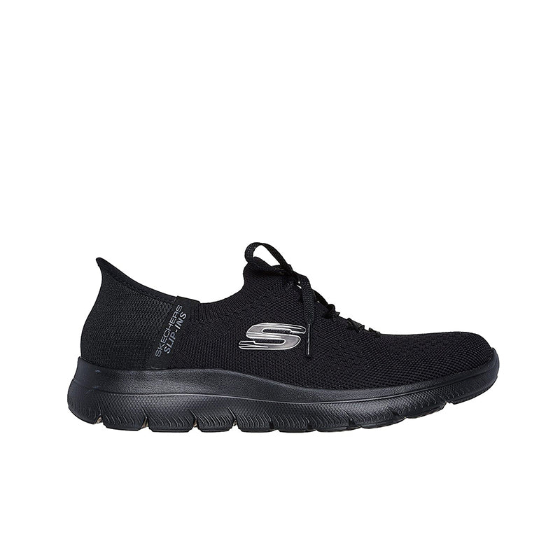 Black textile women's sneaker, lace-up front with S logo and grippy sole