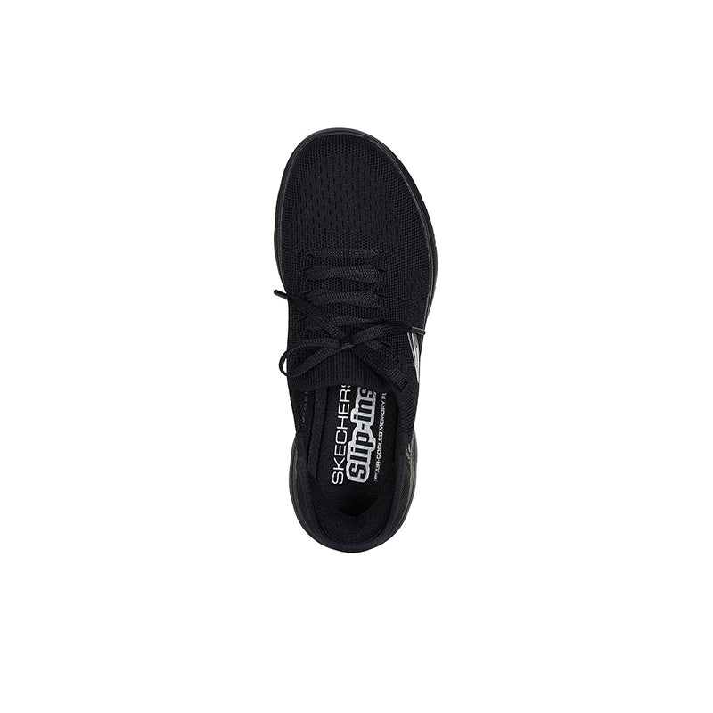 Black textile women's sneaker toe view with laces and brand logo on upper