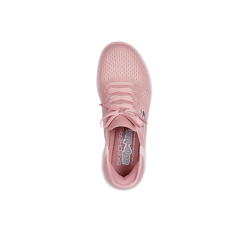 Rose textile women's sneaker from top view, laces and breathable upper