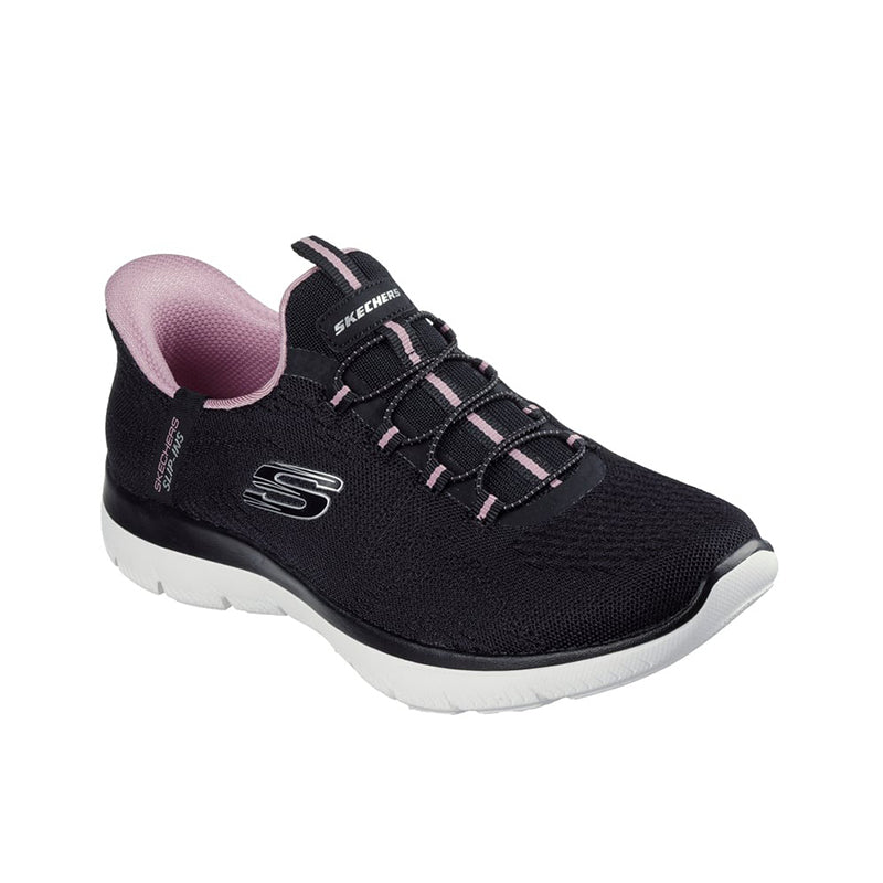 Black lace-up knit sneakers with pink lining and white rubber sole