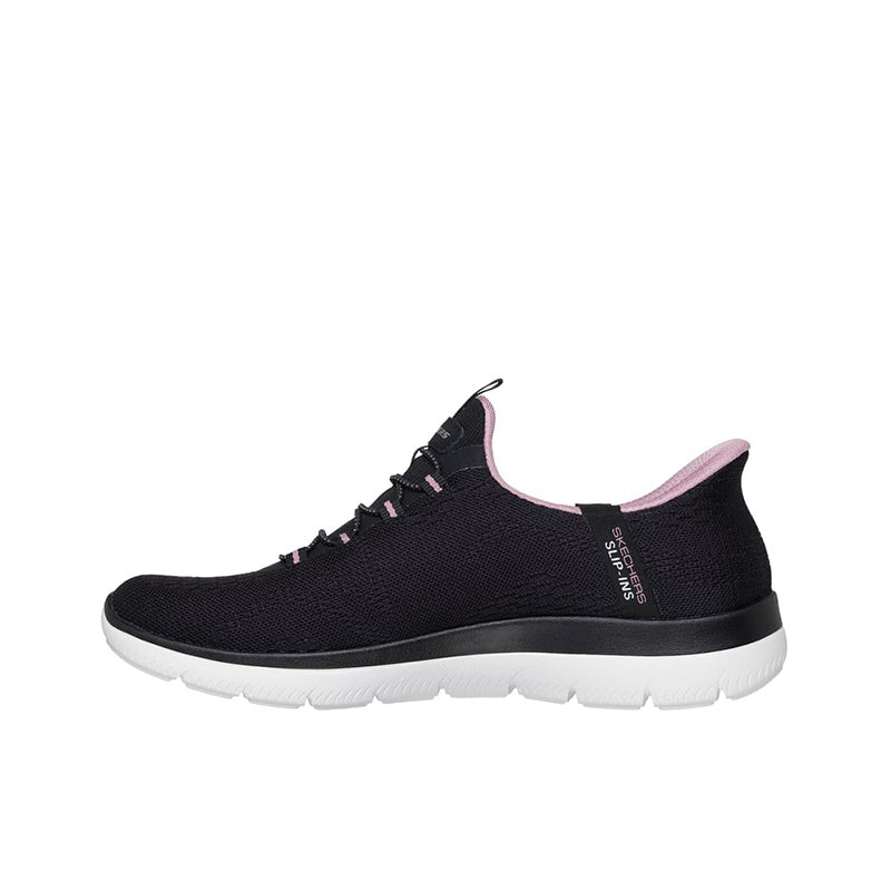 Black lace-up knit sneakers, side view with white cushioned sole