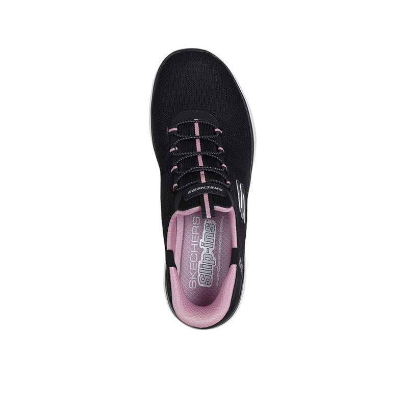 Black lace-up sneakers with pink laces and pink-lined tongue