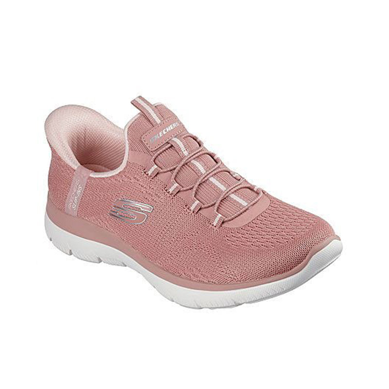 Pink lace-up knit sneakers with white sole and padded collar