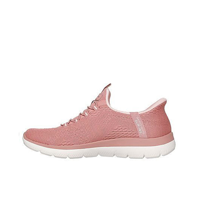 Pink lace-up knit sneakers, side view with white rubber outsole