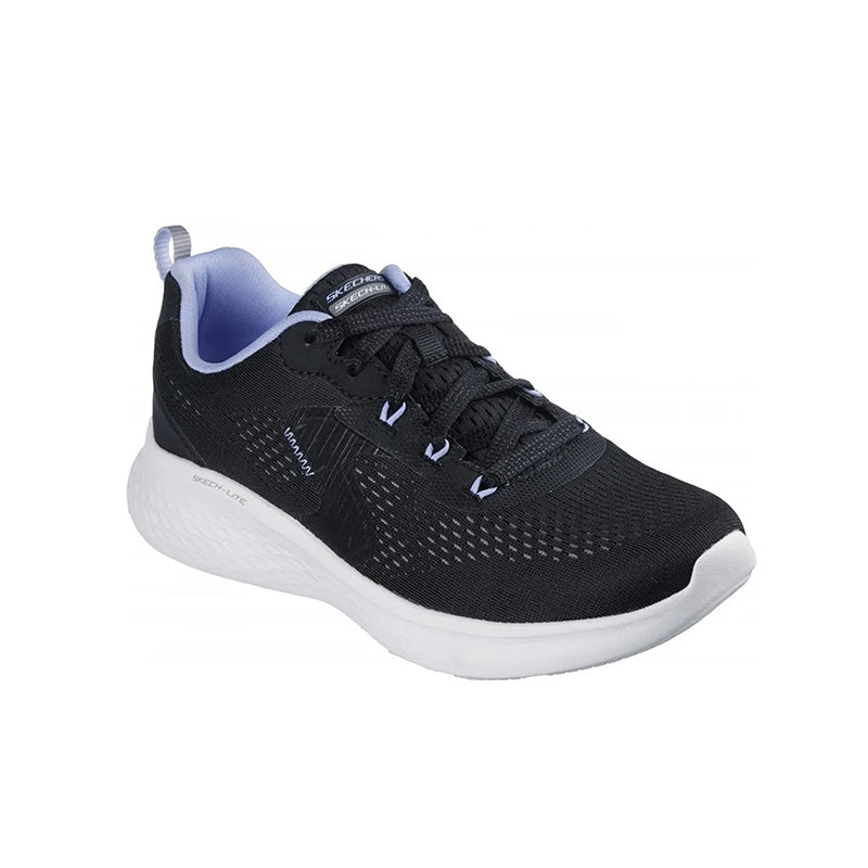 Women's black textile lace-up sneakers with white sole and blue collar trim