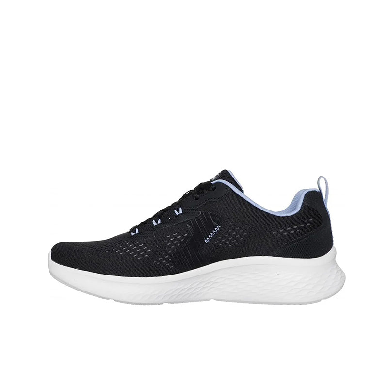 Women's black textile lace-up sneakers, side view, white cushioned sole