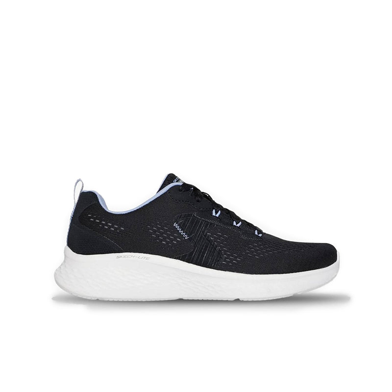 Women's black textile lace-up sneakers with white sole, heel and side view