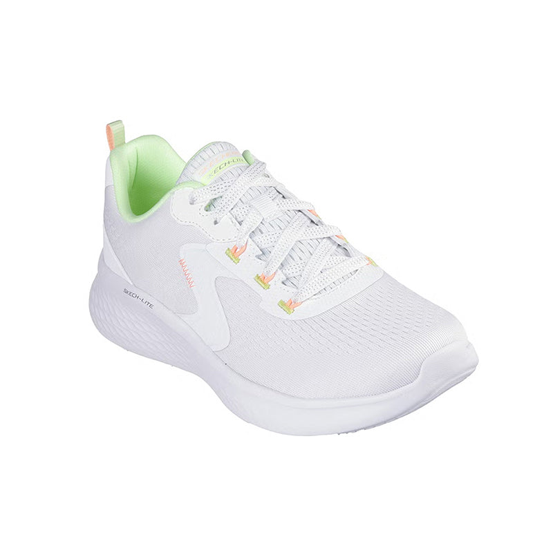 Women's white textile lace-up sneakers with green accents and cushioned white sole