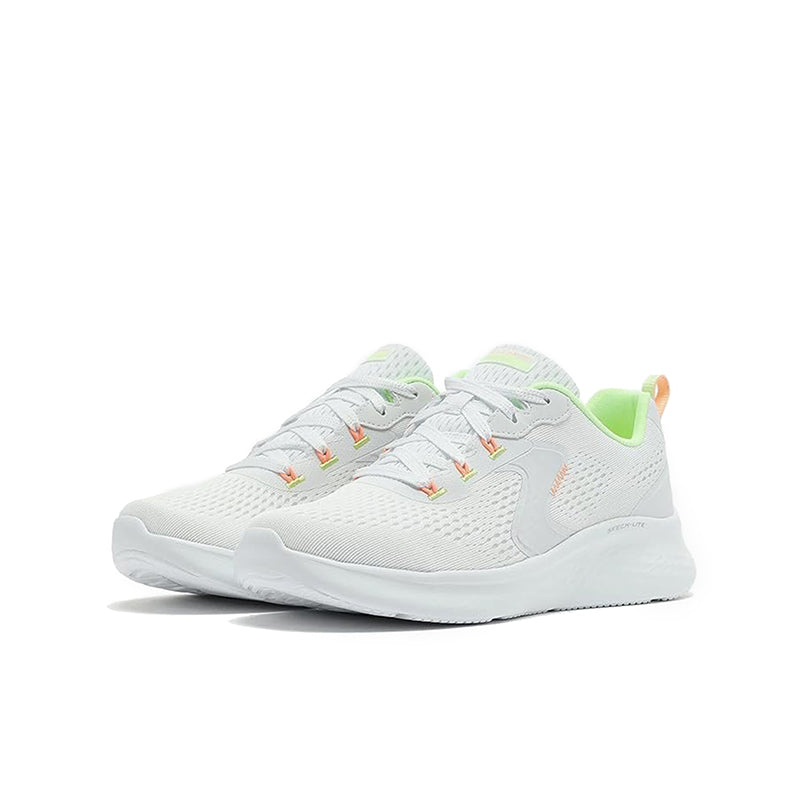 Women's white textile lace-up sneakers with green collar and colorful logo accents