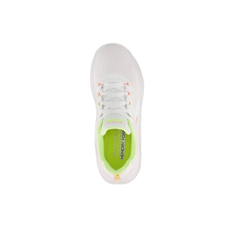 Women's white textile lace-up sneakers top view with green interior